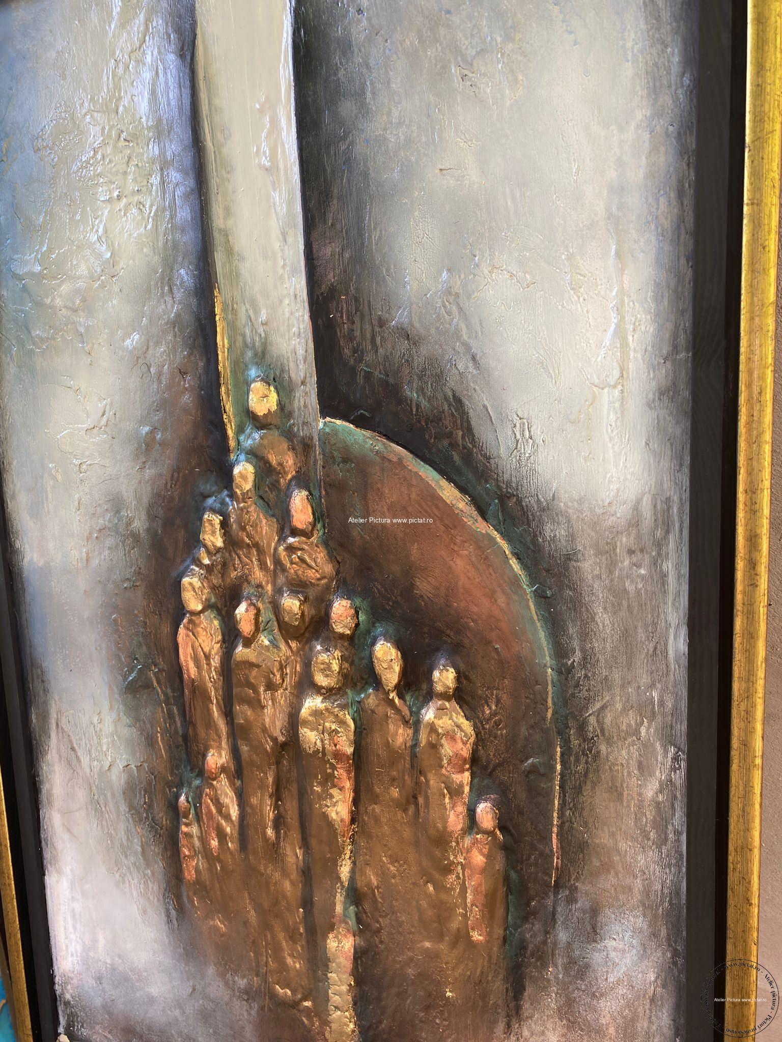 Tablouri pictate manual Tablou abstract modelaj lut placat aur tablou basorelief original 55x75cm
