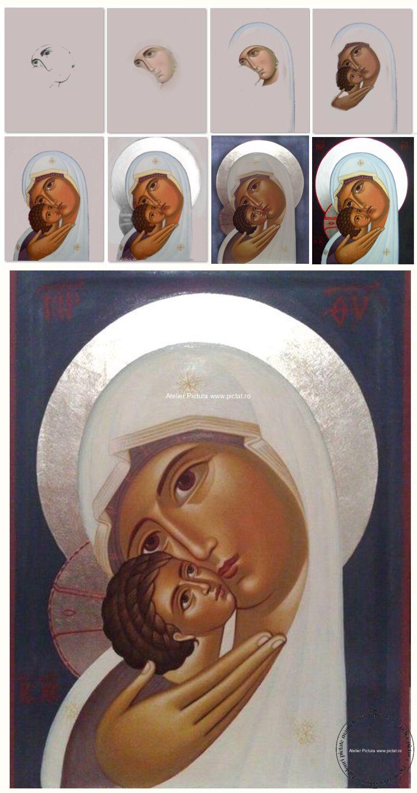 Icoana pictata manual si placata cu foita de aur Icoana Maica Domnului cu pruncul Iisus