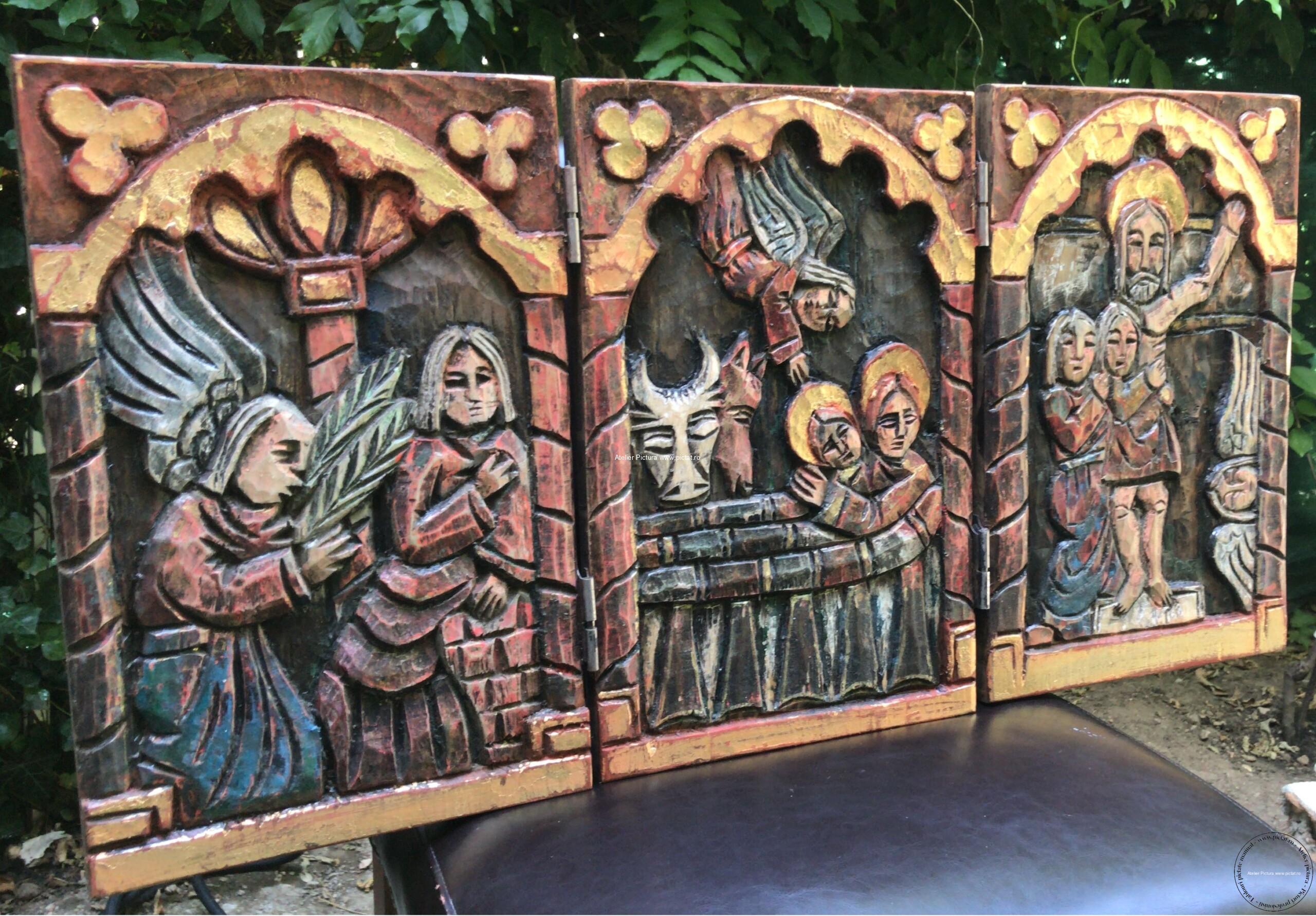 Tablou Sculptura Set icoane Nasterea lui Isus Tablou vintage 30x39cm x 3paneluri - imagine 6