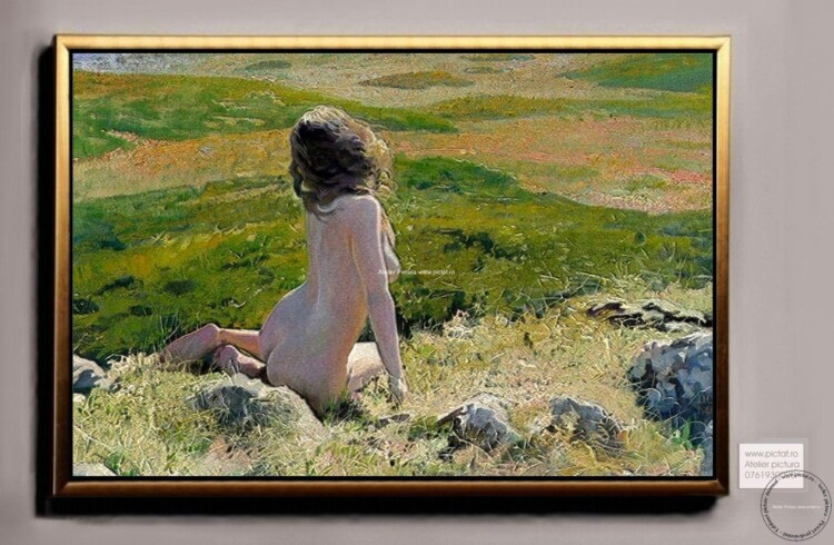 Tablouri pictate manual Nud femeie in campul cu iarba, peisaj de vara