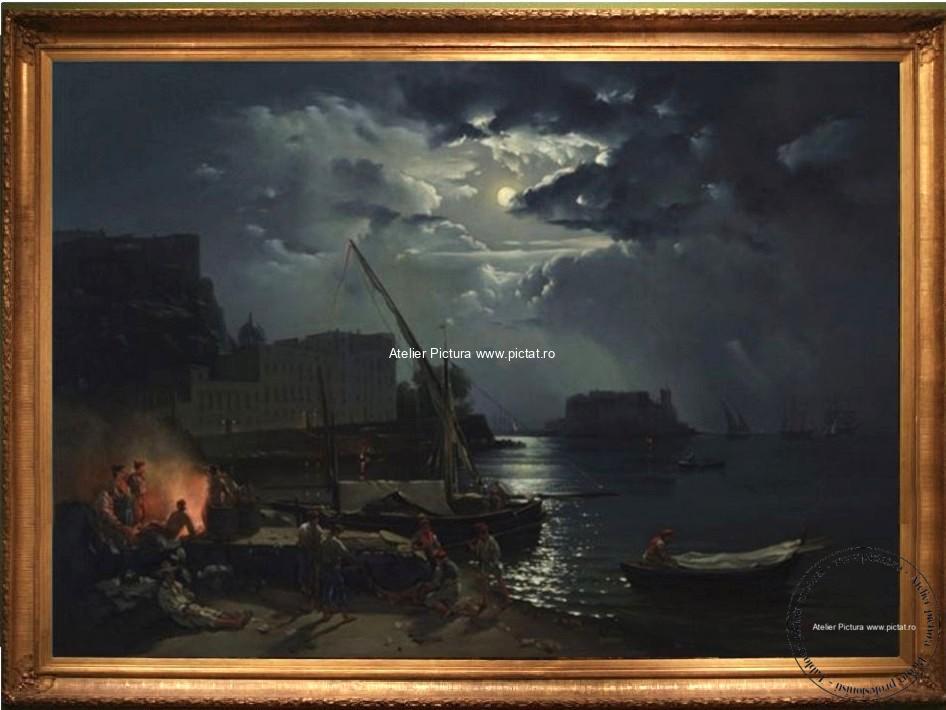 Pictura celebra peisaj marin, vedere din Napoli la lumina lunii, pictor Silvestr Fedosievich Shchedrin 1829, view Of Naples in moonlight