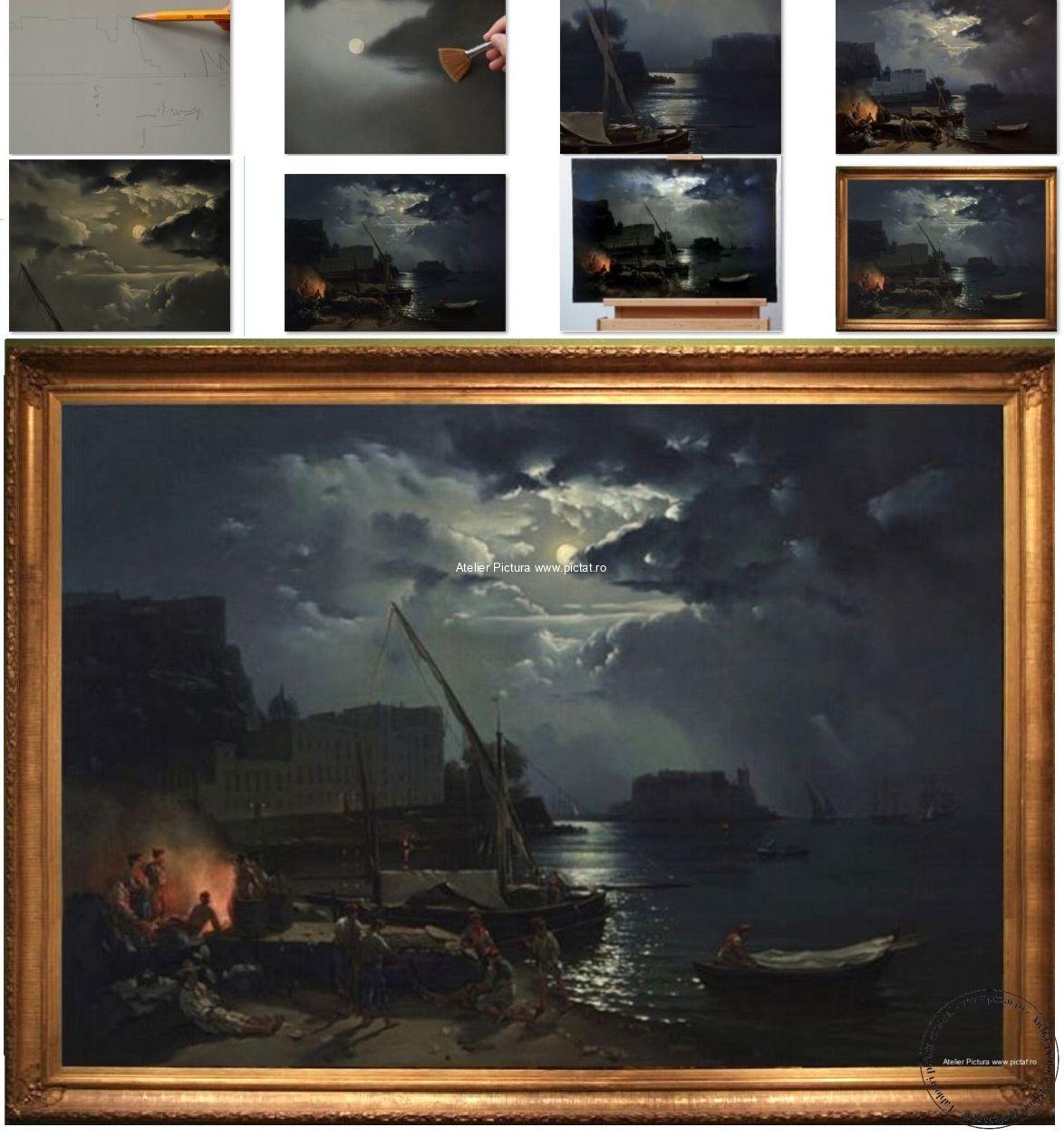 Tablou pictat manual peisaj marin, Vedere din Napoli la lumina lunii, pictor Silvestr Fedosievich Shchedrin 1829, view Of Naples in moonlight