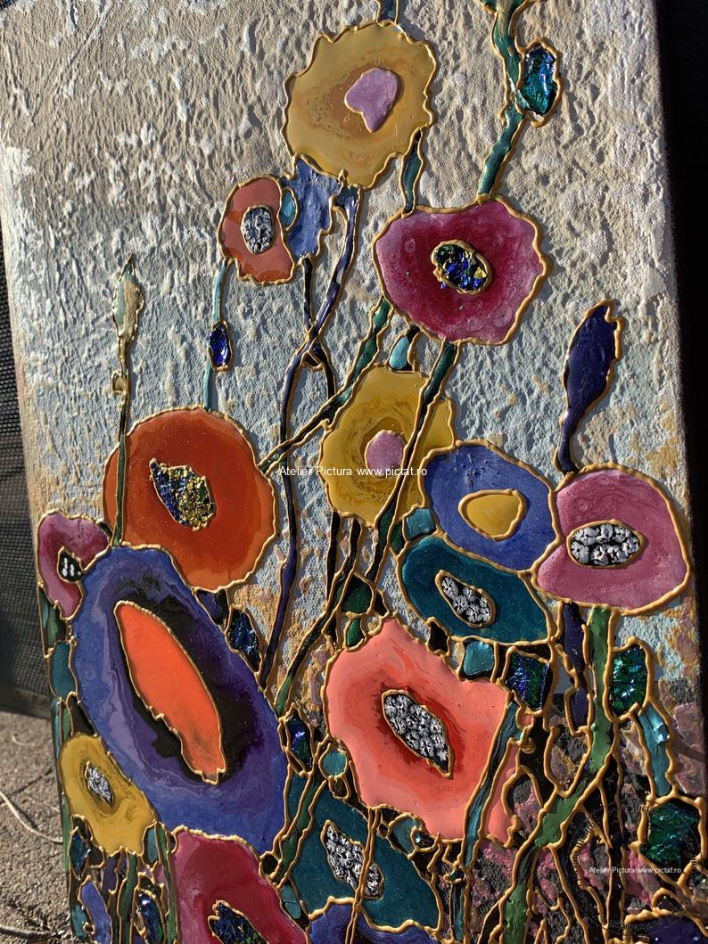 Tablouri pictate manual Tablou cu flori multicolore, tablou flori culori aprinse, tablou abstract, Tablou floral, tablouri abstracte, tablouri mari, magazin tablouri - imagine 2