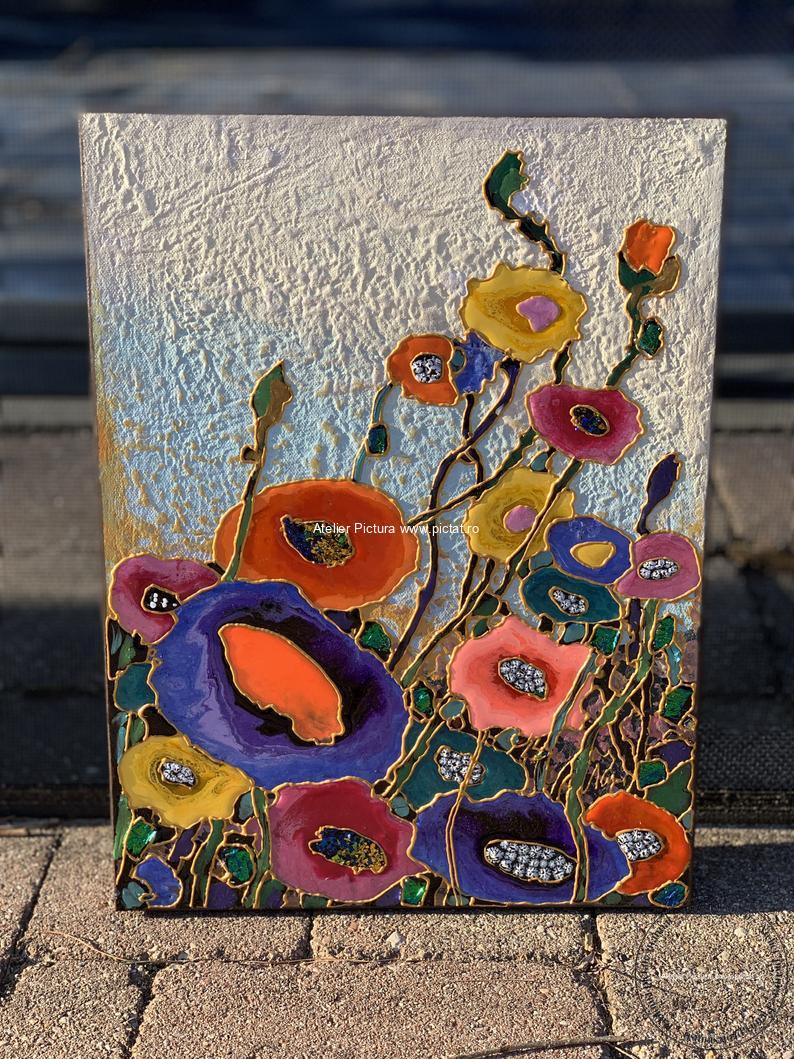 Tablouri pictate manual Tablou cu flori multicolore, tablou flori culori aprinse, tablou abstract, Tablou floral, tablouri abstracte, tablouri mari, magazin tablouri - imagine 6