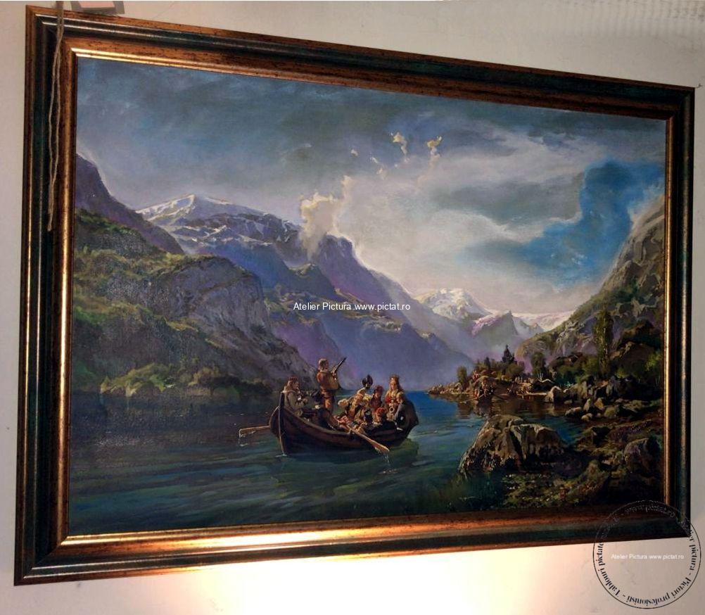 Pictura peisaj celebru din natura Tablou Peisaj lac intre munti, tablouri cu peisaje celebre pictate manual ulei panza 66x46cm