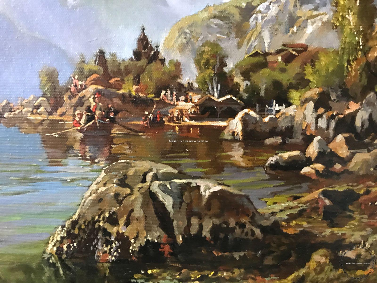 Pictura peisaj celebru din natura Tablou Peisaj lac intre munti, tablouri cu peisaje celebre pictate manual ulei panza 66x46cm