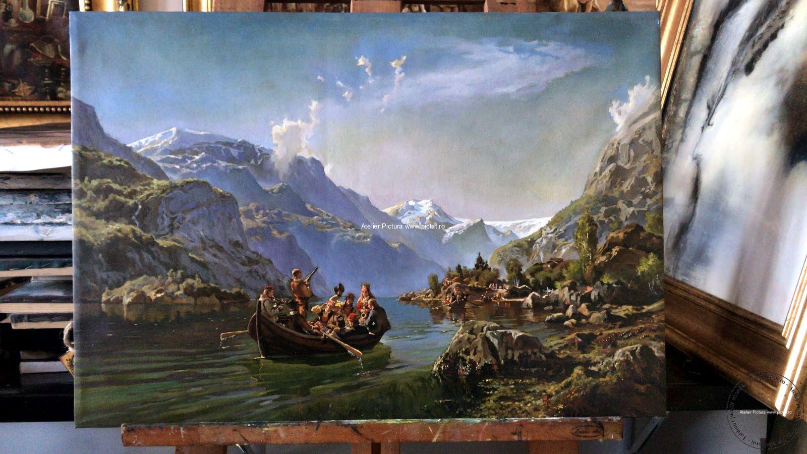 Pictura peisaj celebru din natura Tablou Peisaj lac intre munti, tablouri cu peisaje celebre pictate manual ulei panza 66x46cm