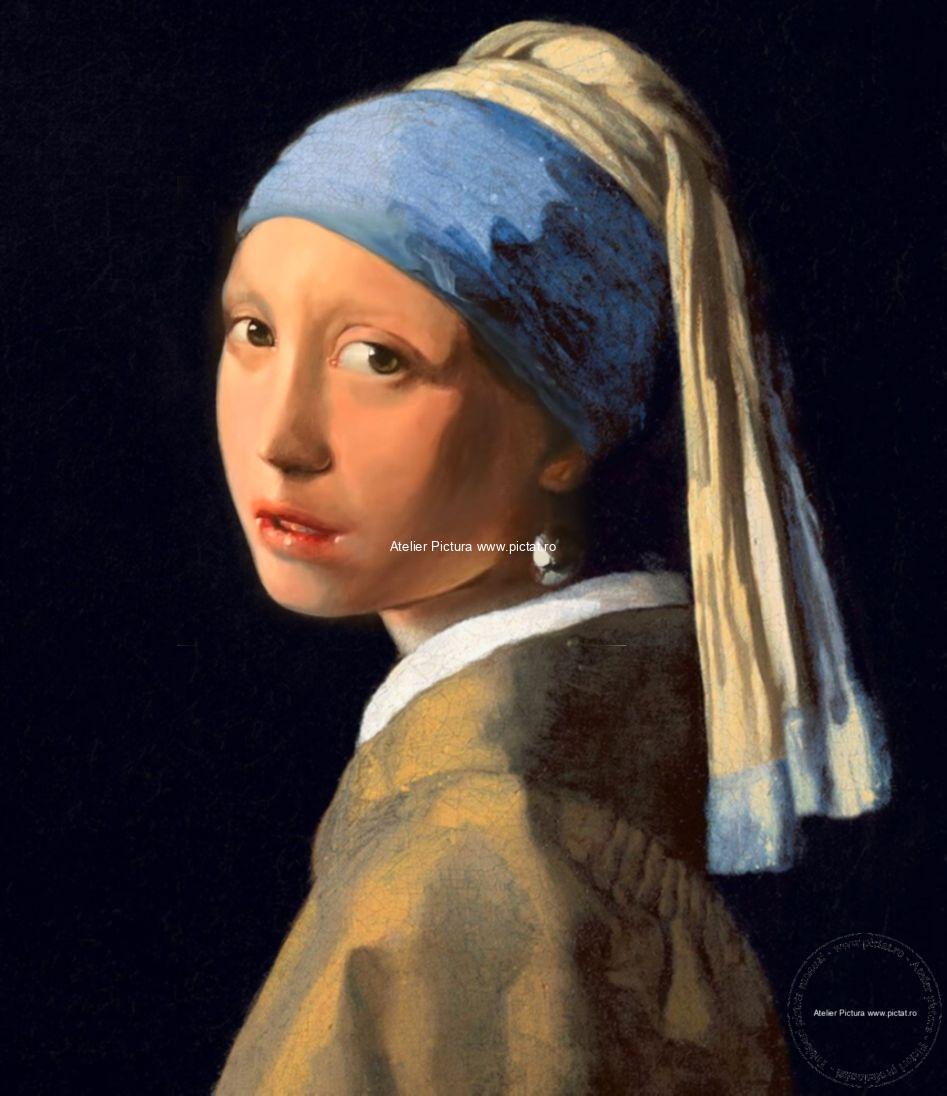 Portret de femeie, reproducere pictura celebra The Girl with a Pearl Earring.