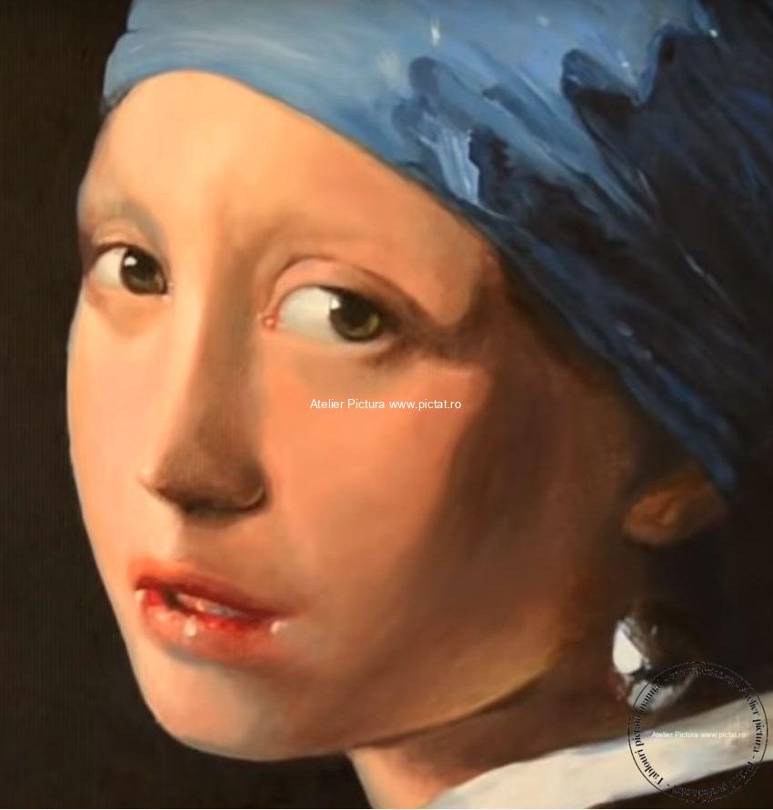 Portret de femeie, reproducere Johannes Vermeer , Fata cu cercel de perle (cca. 1665), ulei pe pânză,