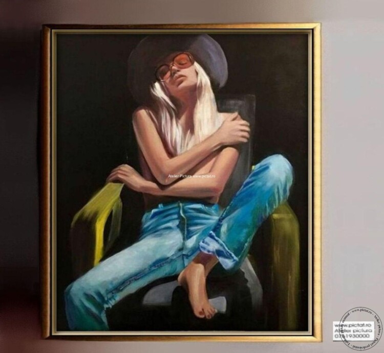 Tablouri pictate manual Portret senzual, Femeie blonda cu palarie neagra