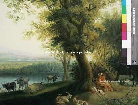 Tablouri pictate manual ulei pe panza, Tablou pictat manual peisaj de vara, Tablou peisaj cu vaci langa rau1787, Landscape with Cattle near River 1787, Tablou reproducere celebra, tablouri pictate manual ulei pe panza la comanda