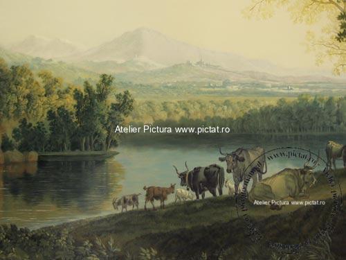 Tablouri pictate manual ulei pe panza, Tablou pictat manual peisaj de vara, Tablou peisaj cu vaci langa rau1787, Landscape with Cattle near River 1787, Tablou reproducere celebra, tablouri pictate manual ulei pe panza la comanda. Luxury Line / Gama de lux.