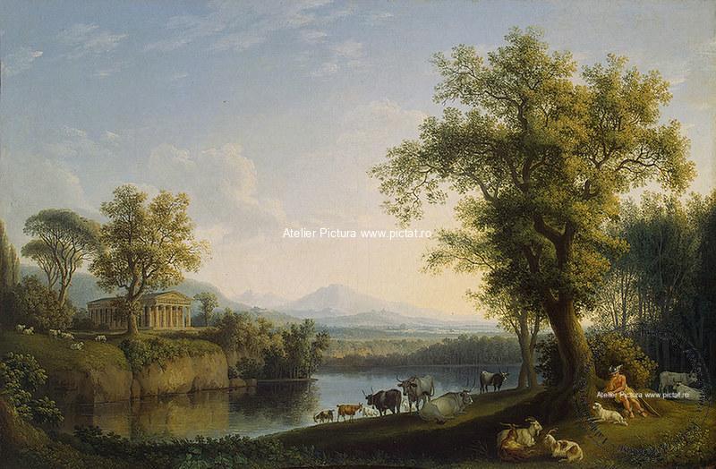 Tablouri pictate manual ulei pe panza, Tablou pictat manual peisaj de vara, Tablou peisaj cu vaci langa rau1787, Landscape with Cattle near River 1787, Tablou reproducere celebra, tablouri pictate manual ulei, peisaje pictate manual la comanda
