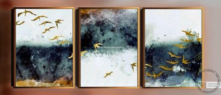 Tablouri pictate manual Set 3 tablouri, Tablou abstract, pasari calatoare, pasari aurii, foita de aur