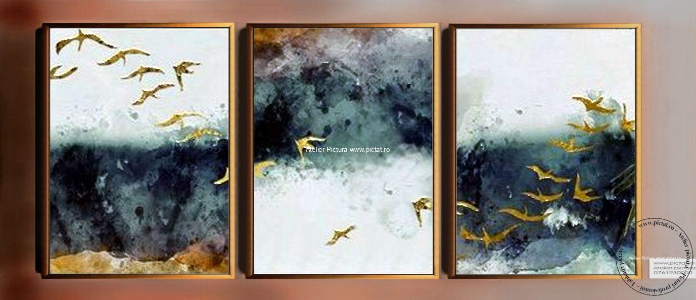 Tablouri pictate manual Set 3 tablouri, Tablou abstract, pasari calatoare, pasari aurii, foita de aur