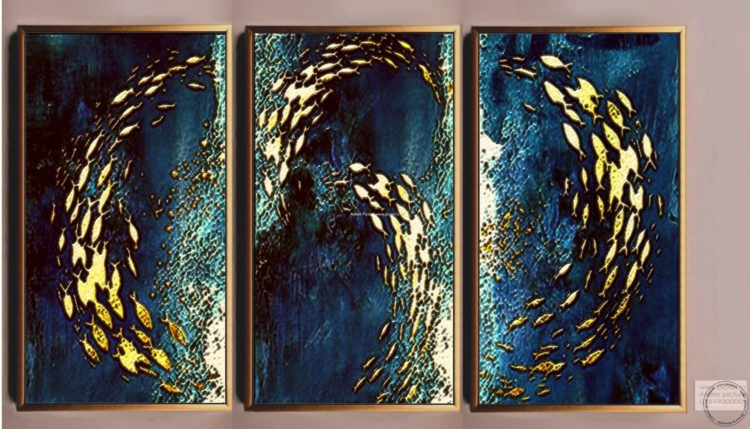 Tablouri pictate manual Set 3 tablouri, Tablou abstract, tablou cu pesti aurii, tablou embosat, tablou foita de aur