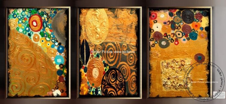 Set 3 tablouri pictate, tablou abstract auriu bronz, tablouri aurii, tablou foita aur, tablou in relief efect klimt 3D
