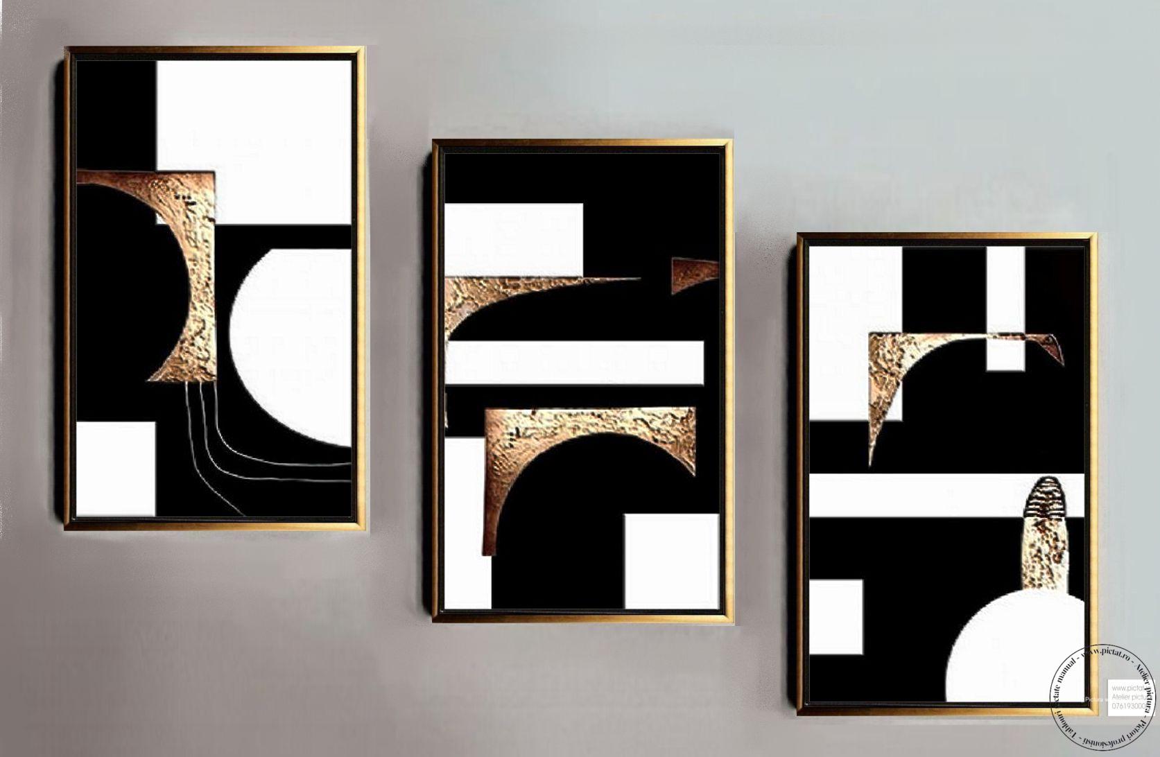 Tablouri pictate manual Set 3 tablouri, tablou abstract auriu, tablou alb negru