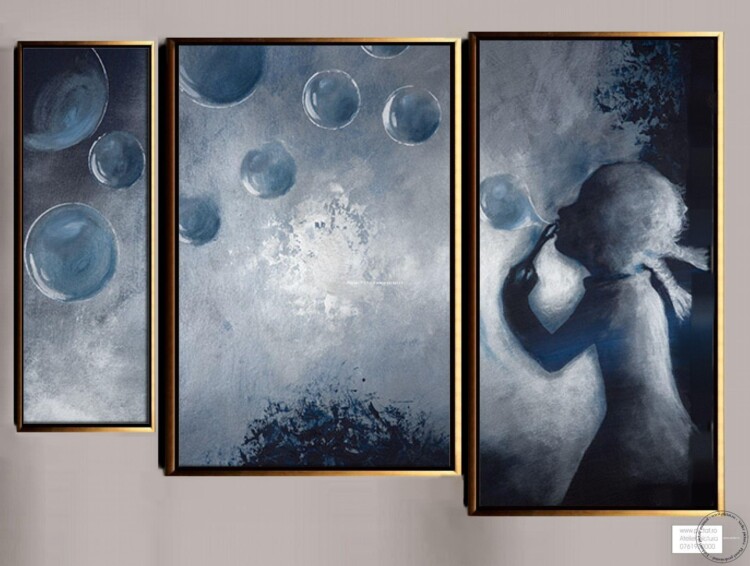 Tablouri pictate manual Set 3 tablouri, tablou abstract, tablou albastru, tablou abstract cu copil