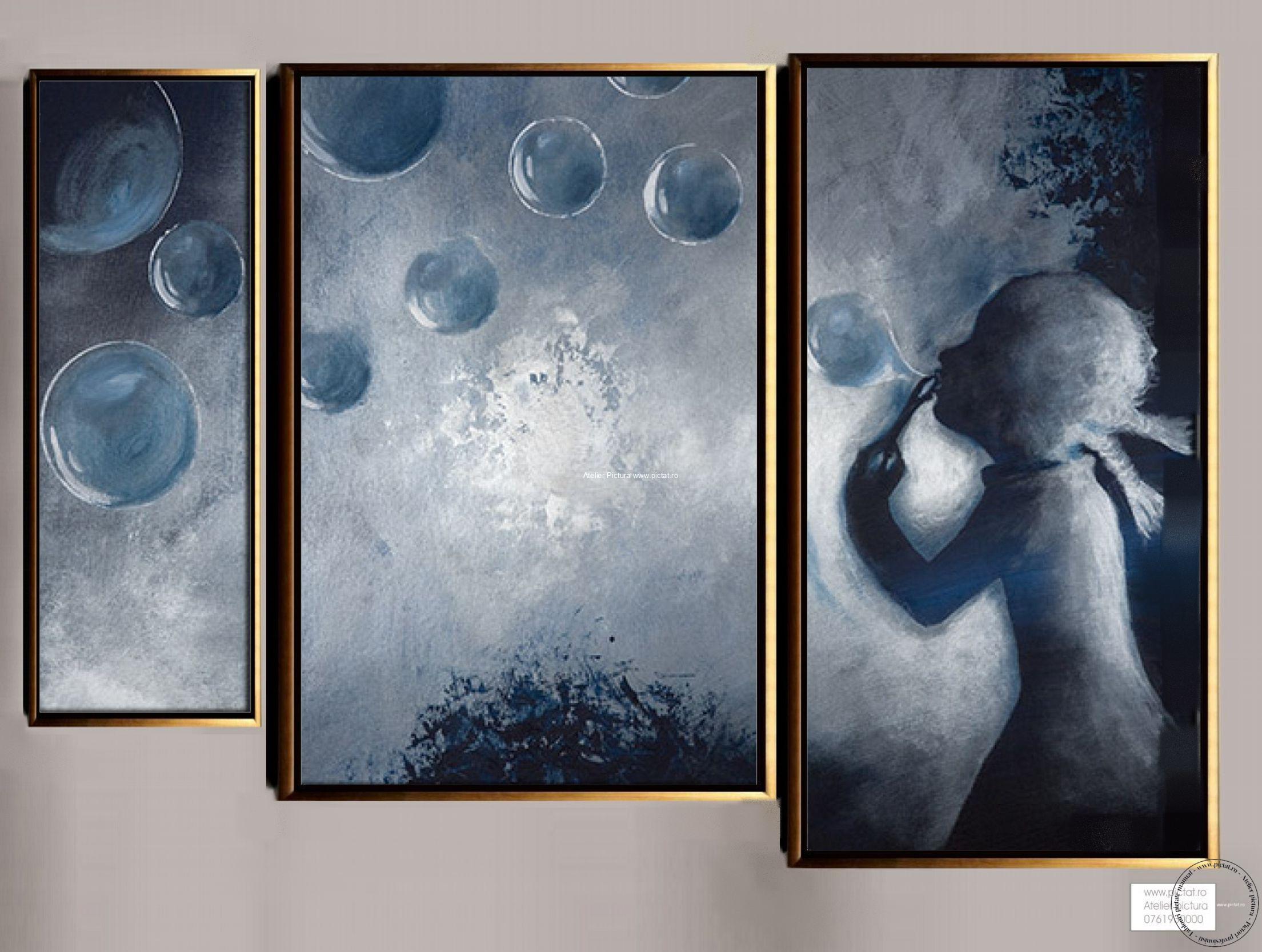 Tablouri pictate manual Set 3 tablouri, tablou abstract, tablou albastru, tablou abstract cu copil