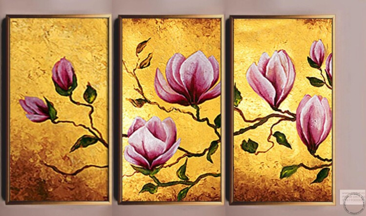 Tablouri pictate manual Set 3 tablouri, triptic, Ramura cu Flori de magnolie