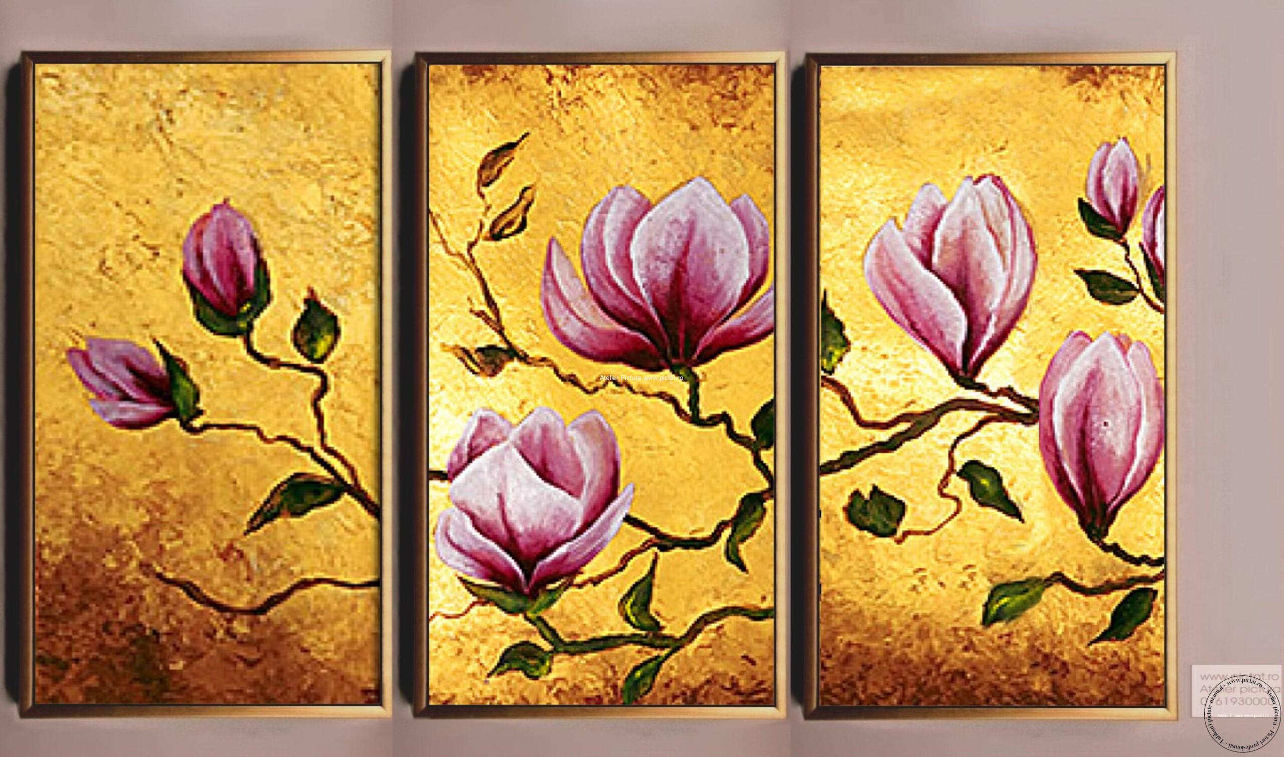 Tablouri pictate manual Set 3 tablouri, triptic, Ramura cu Flori de magnolie