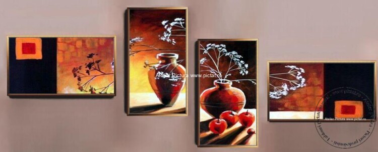 Tablouri pictate manual Set 4 tablouri, flori in vaza, natura moarta, tablou cu mere