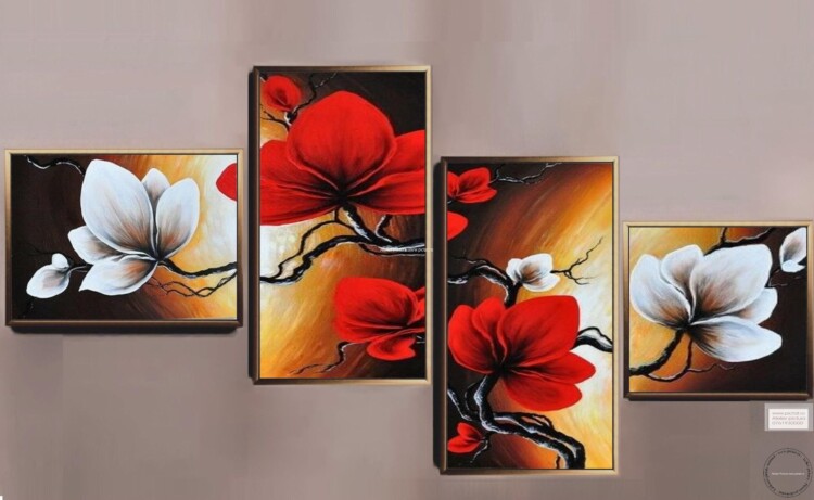 Tablouri pictate manual Set 4 tablouri. Magnolii albe si magnolii rosii, Tablou cu flori