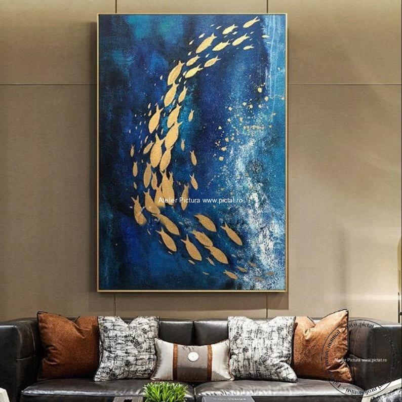 Tablouri pictate manual Set Tablou abstract, Tablou modern, tablou pesti, tablouri cu pesti aurii, Tablou ocean albastru, Tablou abstract, tablouri peisaje marine, peisaj marin - imagine 6