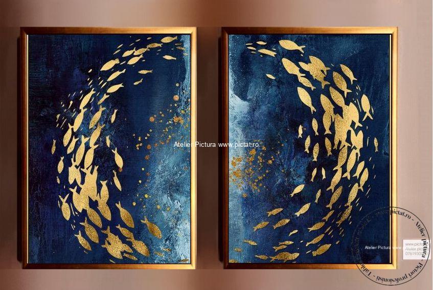 Set Tablou abstract, Tablou modern, tablou pesti, tablouri cu pesti aurii, Tablou ocean albastru, Tablou abstract, tablouri peisaje marine, peisaj marin