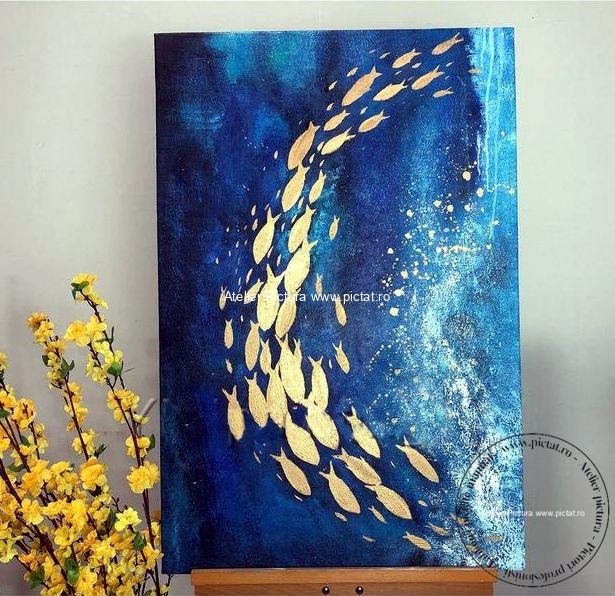 Tablouri pictate manual Set Tablou abstract, Tablou modern, tablou pesti, tablouri cu pesti aurii, Tablou ocean albastru, Tablou abstract, tablouri peisaje marine, peisaj marin - imagine 2
