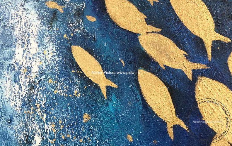 Tablouri pictate manual Set Tablou abstract, Tablou modern, tablou pesti, tablouri cu pesti aurii, Tablou ocean albastru, Tablou abstract, tablouri peisaje marine, peisaj marin - imagine 3