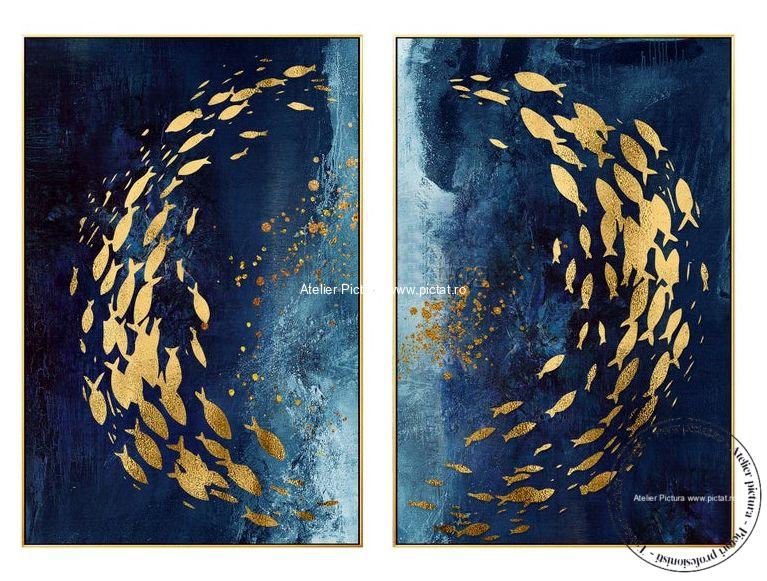 Tablouri pictate manual Set Tablou abstract, Tablou modern, tablou pesti, tablouri cu pesti aurii, Tablou ocean albastru, Tablou abstract, tablouri peisaje marine, peisaj marin - imagine 5
