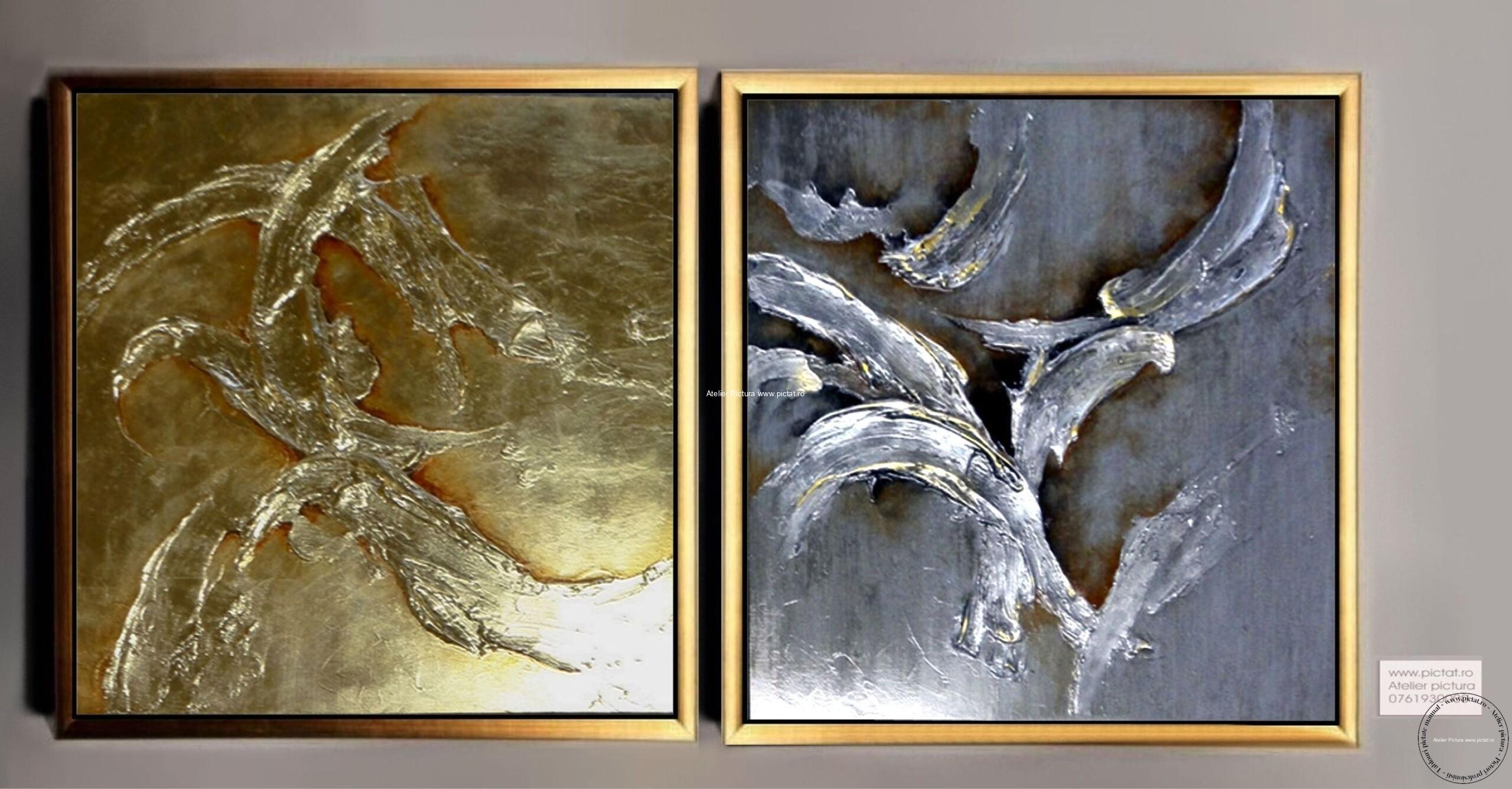 Tablou pictura cutit tablou 3D reliefat, tablou abstract auriu argintiu, tablou abstract mare, tablou abstract living