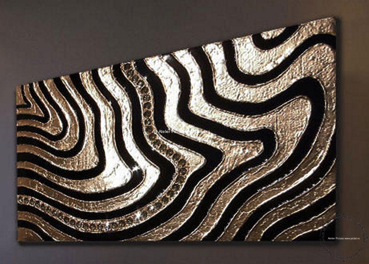 Tablouri pictate manual Tablou Modelaj Lut Pictura cutit tablou reliefat, tablou abstract auriu negru, tablou abstract mare, tablou abstract living - imagine 2