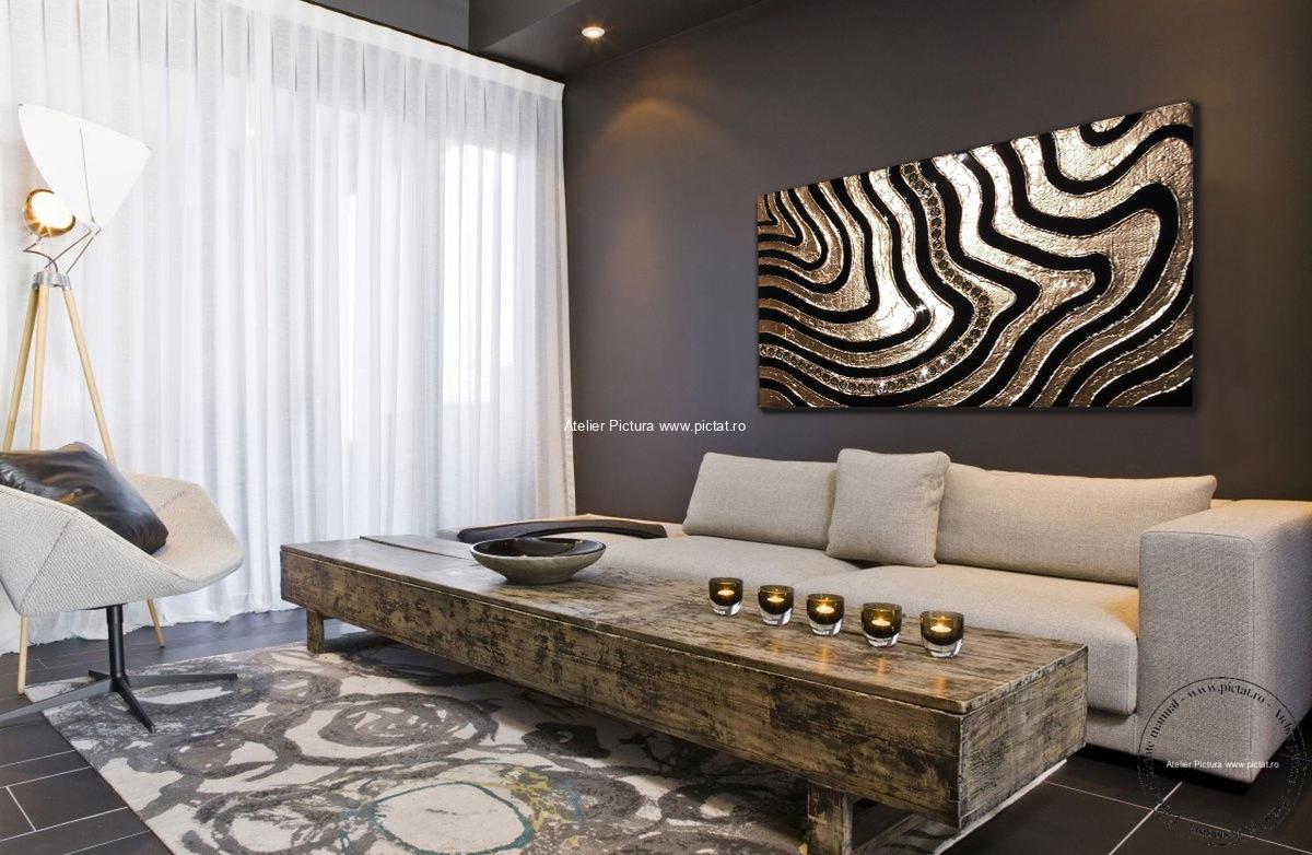 Tablouri pictate manual Tablou Modelaj Lut Pictura cutit tablou reliefat, tablou abstract auriu negru, tablou abstract mare, tablou abstract living - imagine 3
