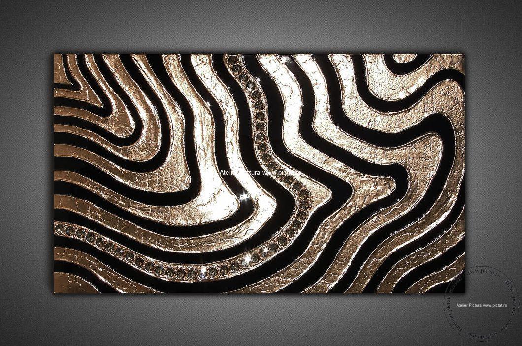 Tablouri pictate manual Tablou Modelaj Lut Pictura cutit tablou reliefat, tablou abstract auriu negru, tablou abstract mare, tablou abstract living - imagine 4