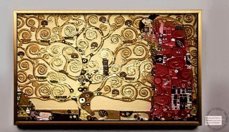 Tablouri pictate manual Tablou Gustav Klimt, Sarutul si copacul vietii, Pictura 3D placata foita de aur