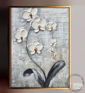 Tablou Orhidee in vaza, Tablou abstract, Tablou modern, Tablou alb gri, Tablou flori in vaza, tablou pictat in cutit