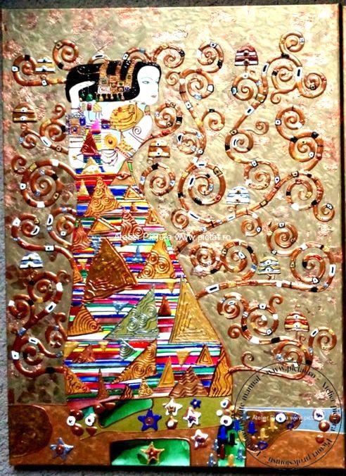 Tablouri pictate manual Tablou abstract 3D, Pictura reliefata Klimt, tablou auriu, tablouri copacul vietii, tablouri copaci, tablouri, tablouri pictate cu copaci - imagine 5
