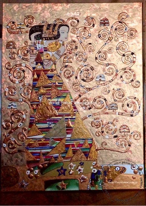 Tablouri pictate manual Tablou abstract 3D, Pictura reliefata Klimt, tablou auriu, tablouri copacul vietii, tablouri copaci, tablouri, tablouri pictate cu copaci - imagine 4
