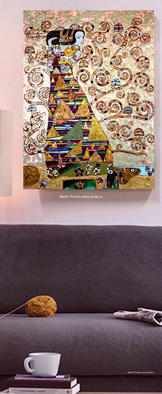 Tablouri pictate manual Tablou abstract 3D, Pictura reliefata Klimt, tablou auriu, tablouri copacul vietii, tablouri copaci, tablouri, tablouri pictate cu copaci - imagine 3
