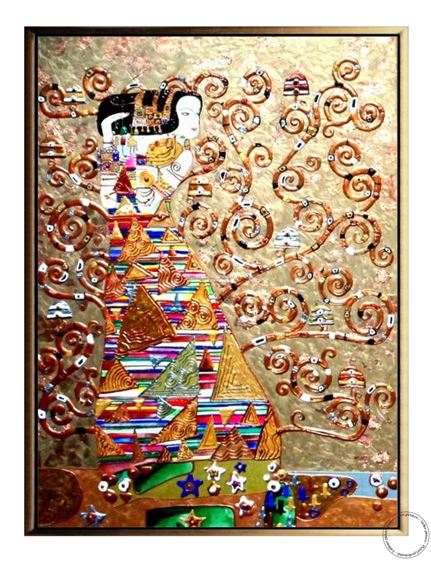 Tablouri pictate manual Tablou abstract 3D, Pictura reliefata Klimt, tablou auriu, tablouri copacul vietii, tablouri copaci, tablouri, tablouri pictate cu copaci - imagine 2