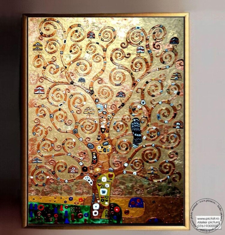 Tablouri pictate manual Tablou abstract, Copacul vietii, Klimt, Foita de aur
