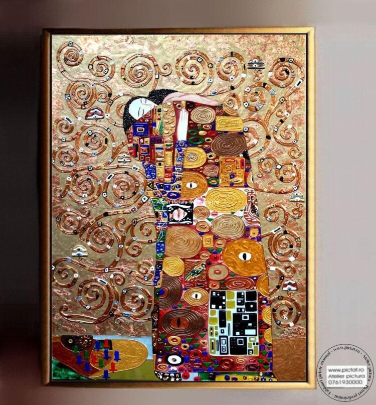 Tablouri pictate manual Tablou abstract, Tablou embosat, Klimt, Sarutul, placat cu foita de aur