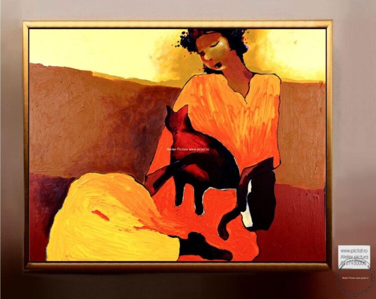 Tablou abstract, Tablou femeie cu pisica in brate, tablou galben