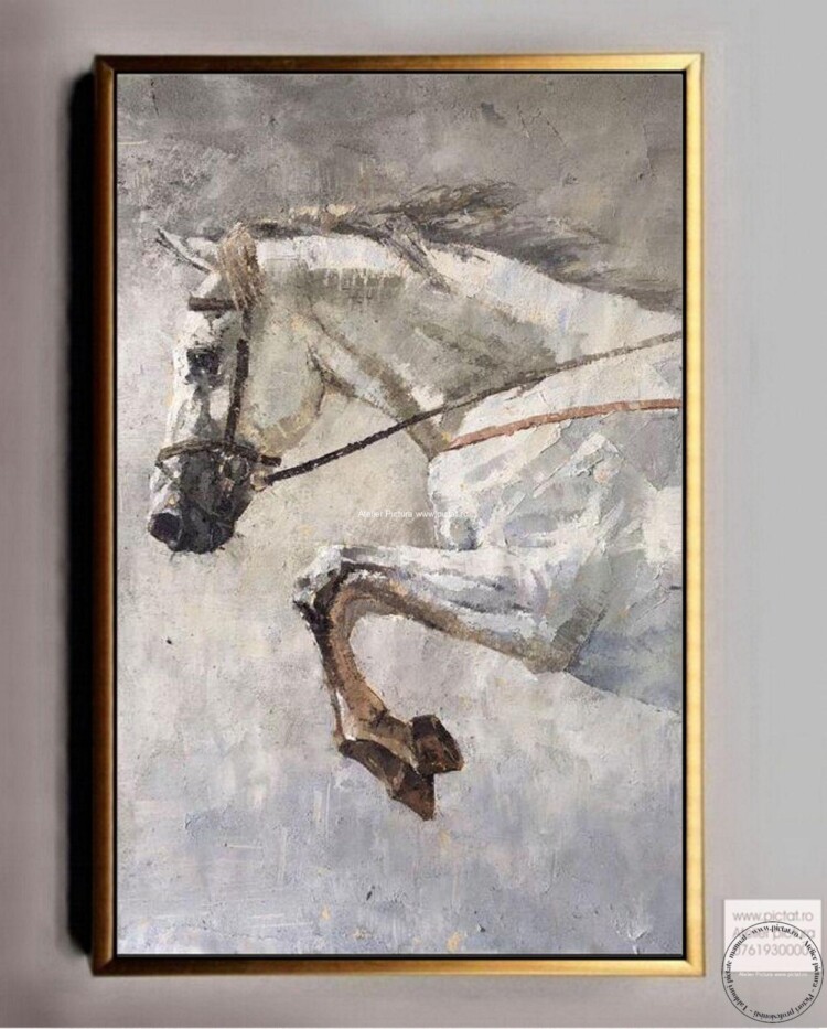 Tablouri pictate manual Tablou abstract, armasar alb, tablou cal alergand