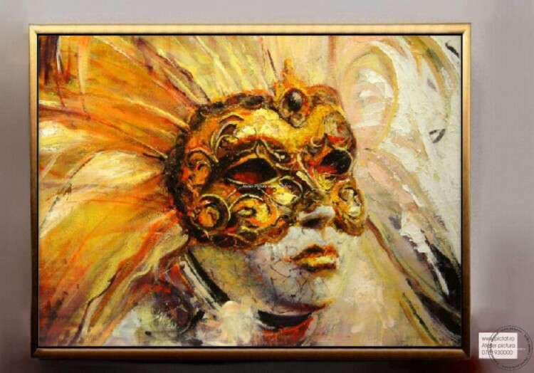 Tablouri pictate manual Tablou abstract auriu, masca venetiana