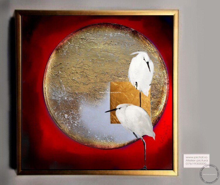 Tablouri pictate manual Tablou abstract auriu, tablou abstract rosu, tablou cu pasari exotice albe