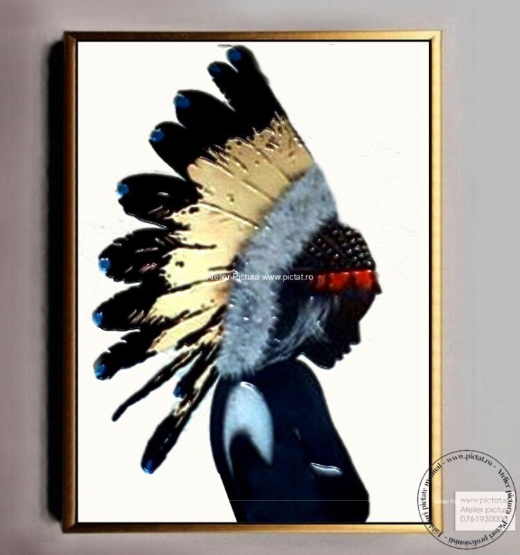 Tablouri pictate manual Tablou abstract, bentita indiană cu pene Big Chef, foita de aur